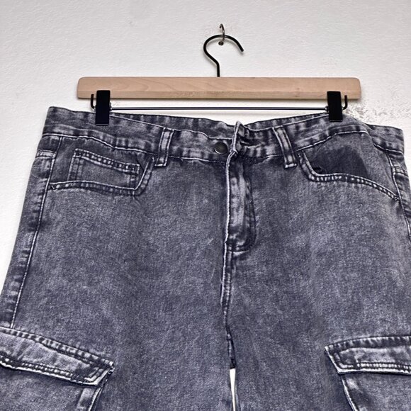 Manfinity Denim Jean Pant Women L Flared Bootcut Cargo Black Washed Punk Grunge - Picture 9 of 12